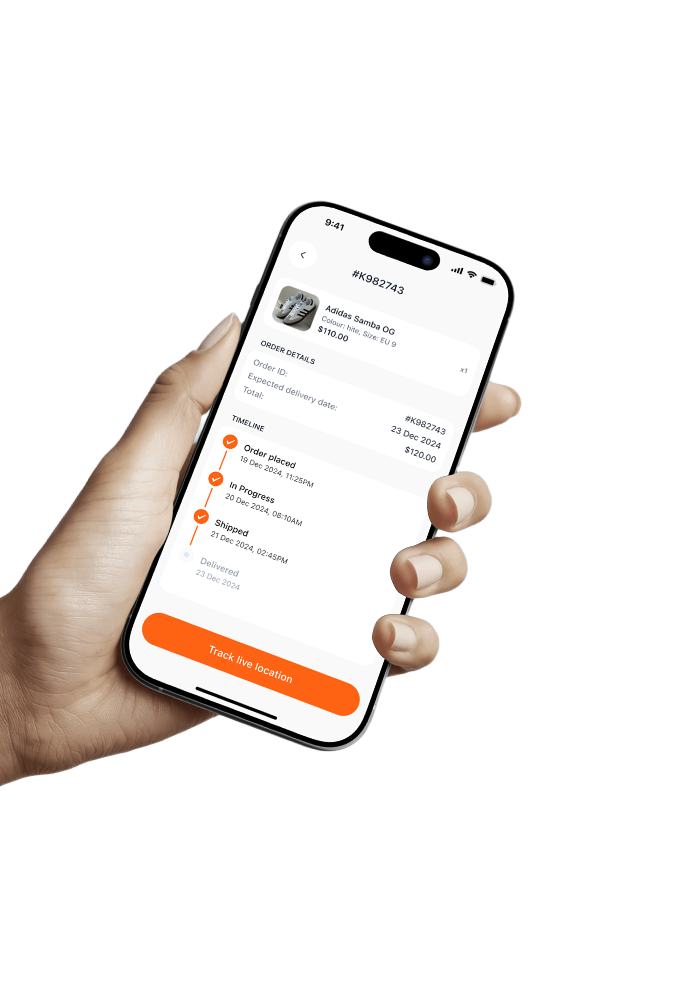 Hand holding phone showing the order tracking screen